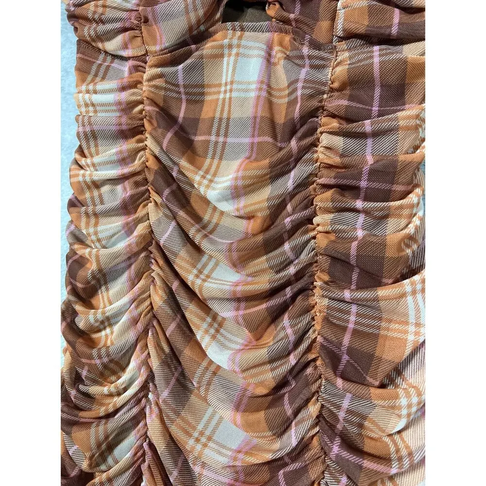 Y2K Checkered Brown Plaid Ruched Bodycon Mini Dress Puff Sleeve Medium - Picture 5 of 9